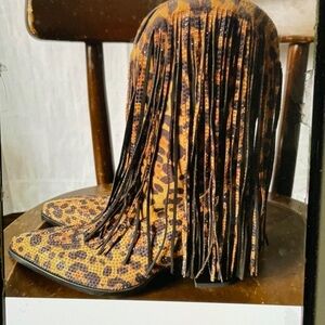 Oupiano Leopard Print Rhinestone Fringe Pointy Toe Cowboy Boots NWOT Size 9